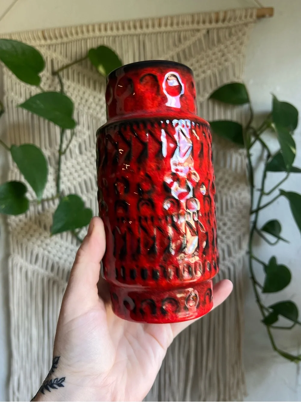 Vintage West Germany Red Lava Vase Mid Century Modern Pottery Fat Lava Ceramic